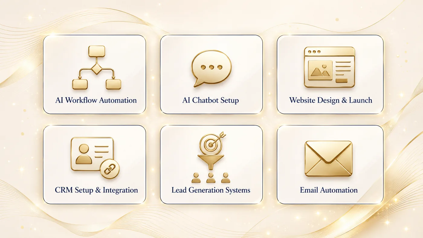 IdaLink.ai services: AI Workflow Automation, AI Chatbot Setup, Website Design & Launch, CRM Setup & Integration, Lead Generation Systems, Email Automation